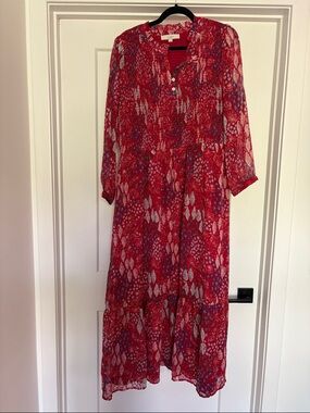 LOFT Red Printed Long Sleeve Maxi Dress